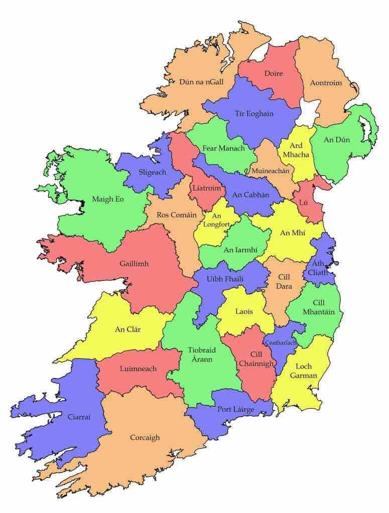 mapa irlandako county izenak