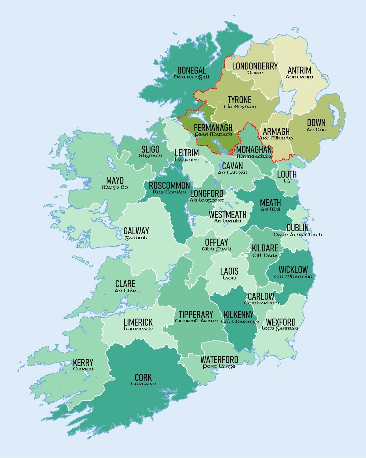 mapa irlandako errepublikako eskualdeak erakutsiz