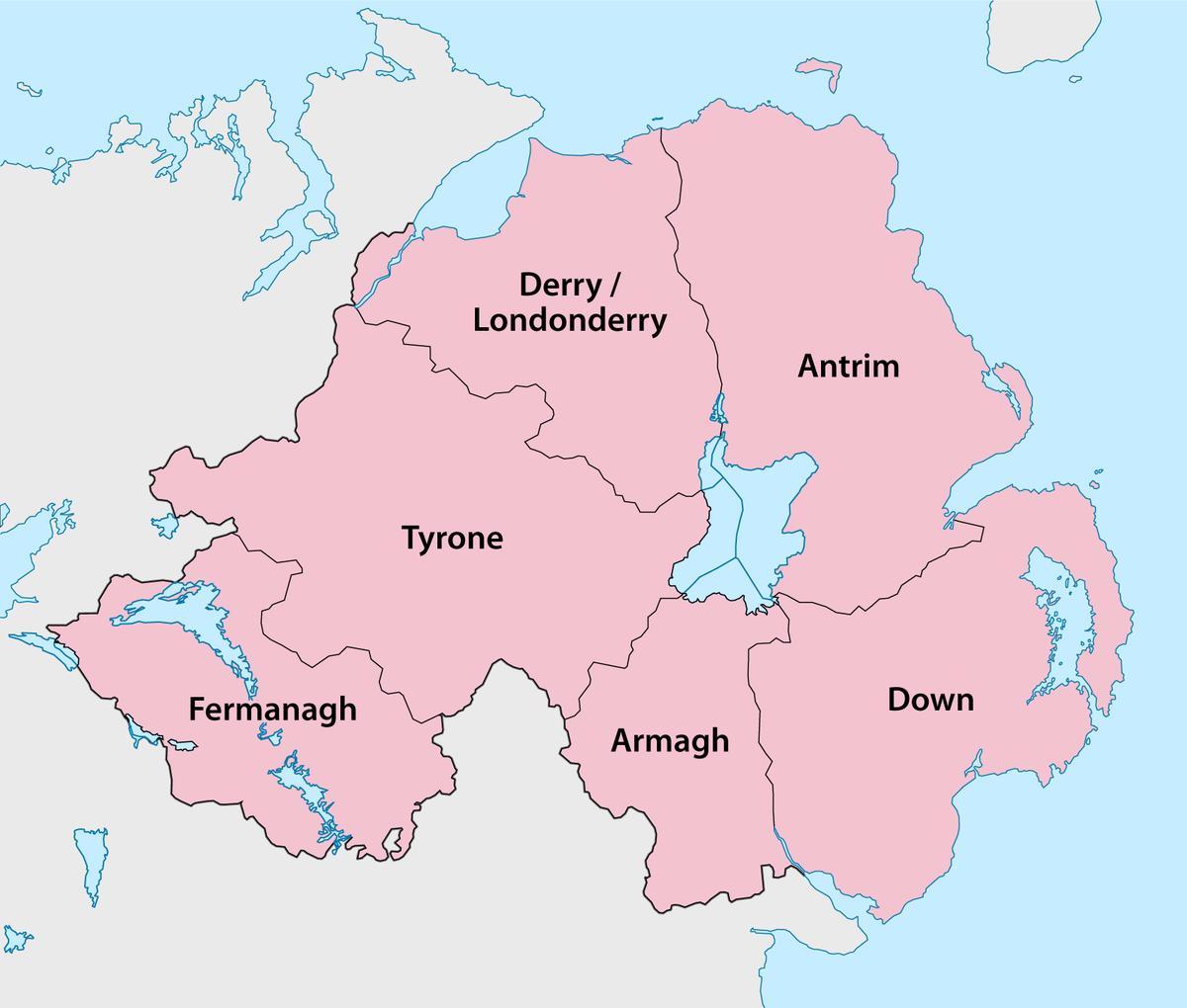 mapa ipar irlandako eskualdeak eta herriak